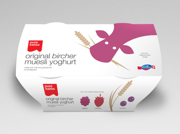 Packaging designed by Studio h for yoghurt range Swiss Plus from Emmi